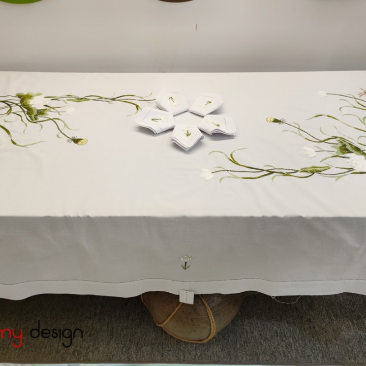 Khăn trải bàn thêu đầm sen trắng 250x150cm - gồm 12 khăn ăn